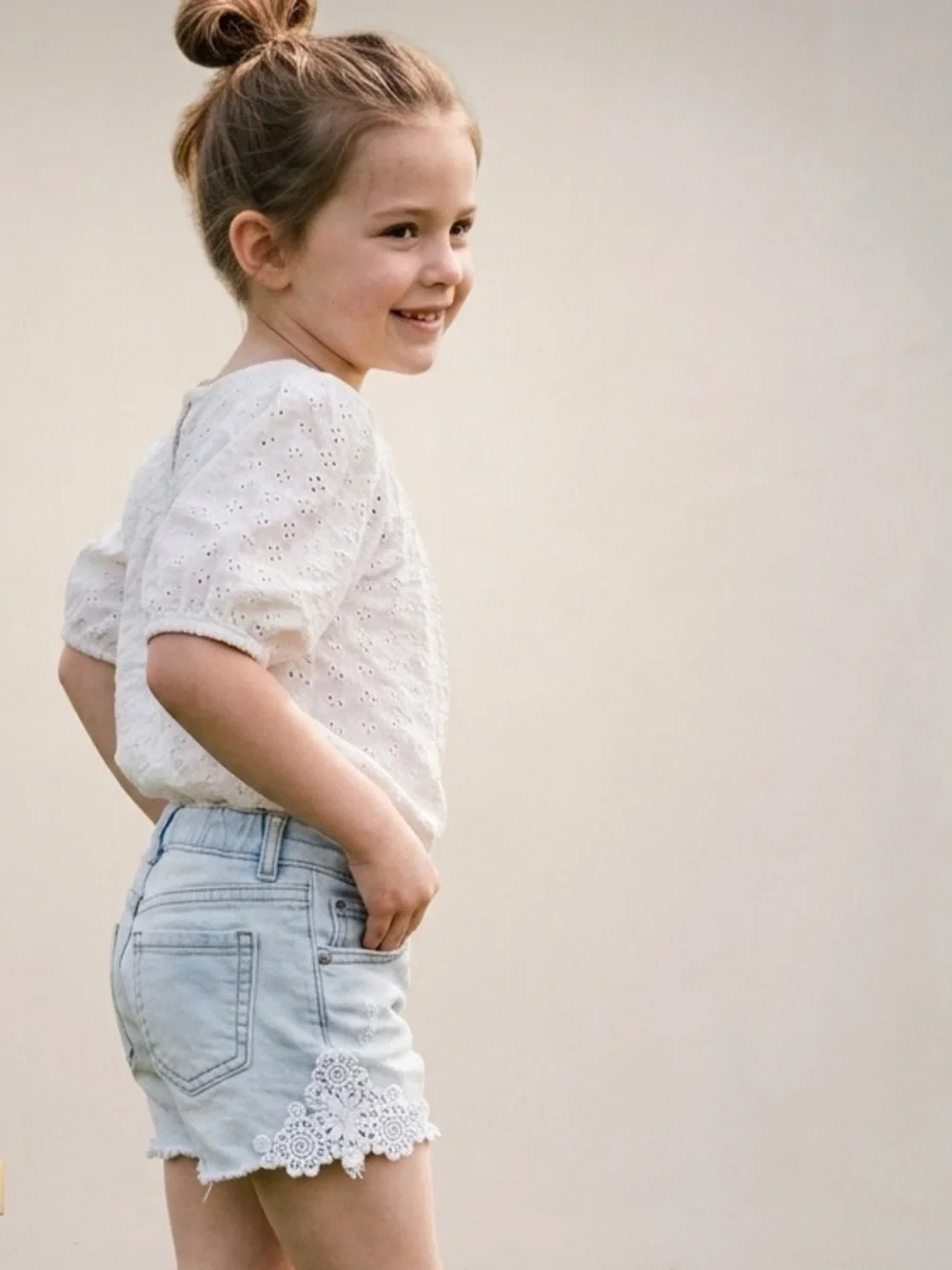 Cat & Jack Light Wash Floral Lace Trim Denim Shorts
